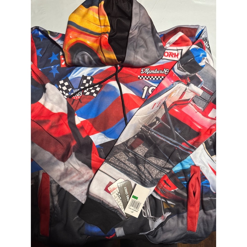 NWT Members Only Racing Print Hoodie US Flag Car Graphic Sweatshirt Large